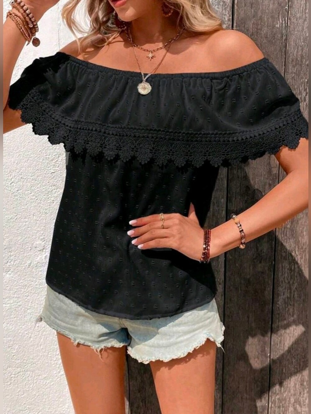 New Boho Swiss Dot Lace Off Shoulder Top Black